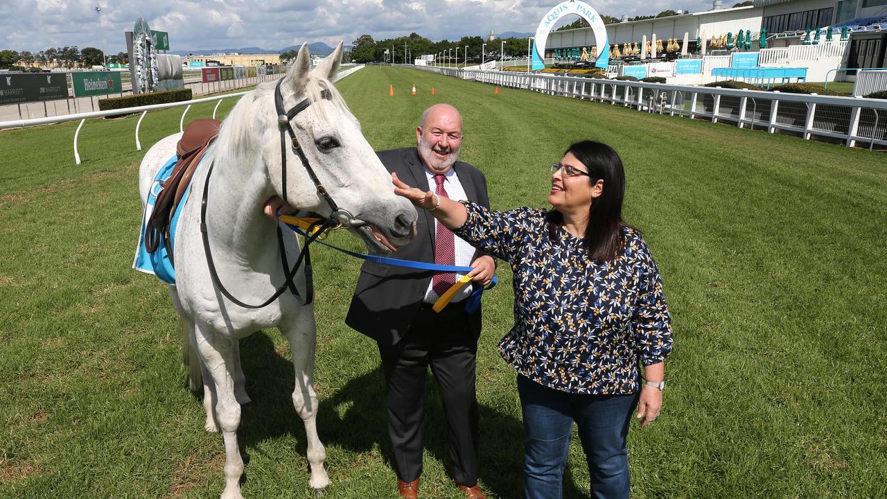 Racing Minister Grace Grace and Gold Coast Turf Club boss Steve Lines were on the track for Monday’s announcement. Picture Glenn Hampson.