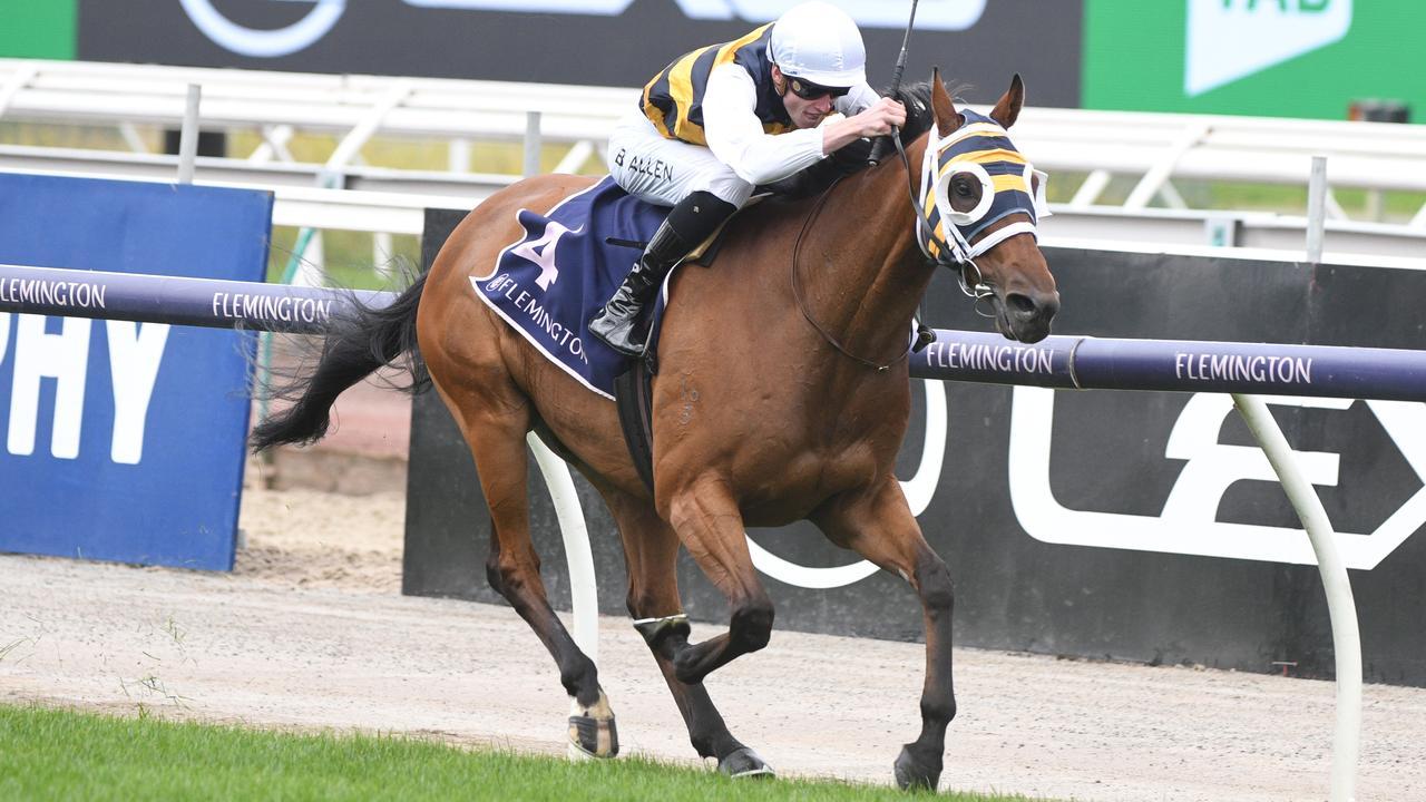 Ben Allen is in clean air aboard Amade in the William Newton VC Handicap at Flemington. Photo: Vince Caligiuri/Getty Images