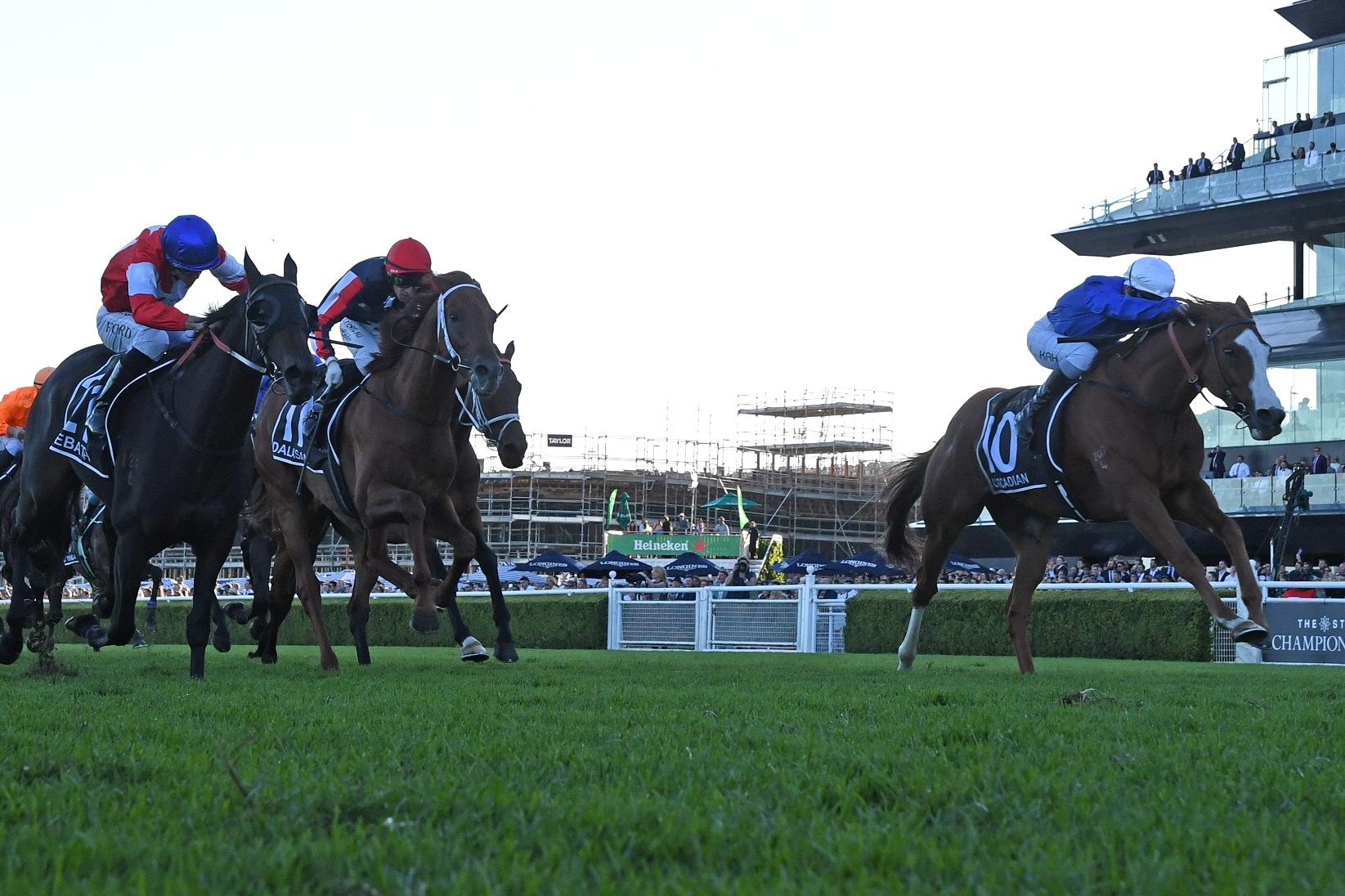 Cascadian (white blaze) wins the Doncaster Mile.