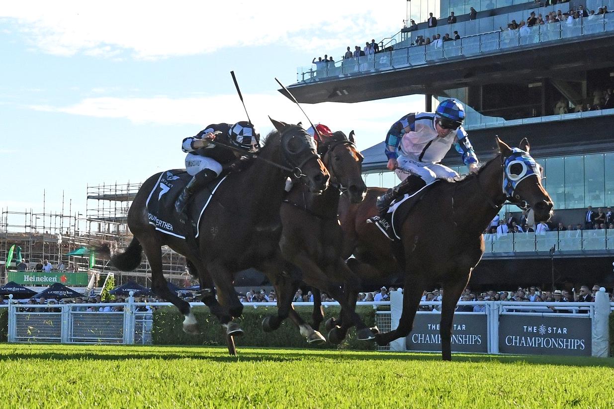 Explosive Jack (white) prevailed in a thrilling finish to the Australian Derby.