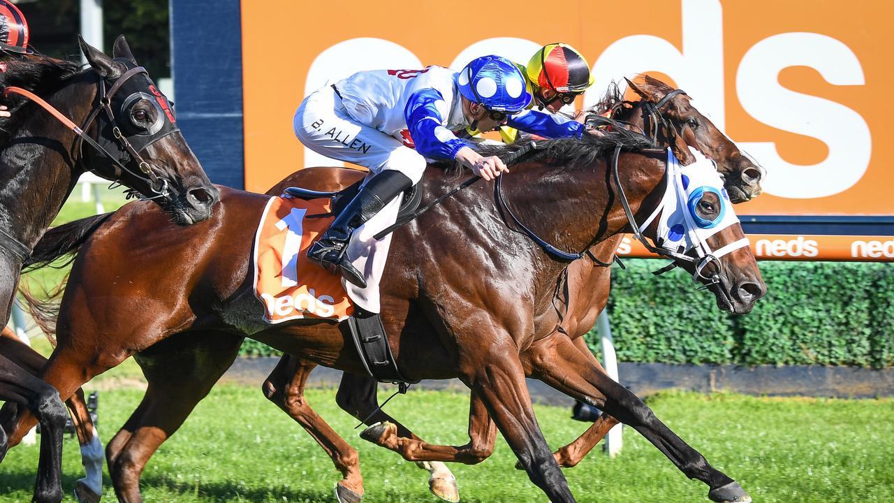 Mr Quickie lunges on the line to win the Victoria Handicap. Picture: Racing Photos via Getty Images