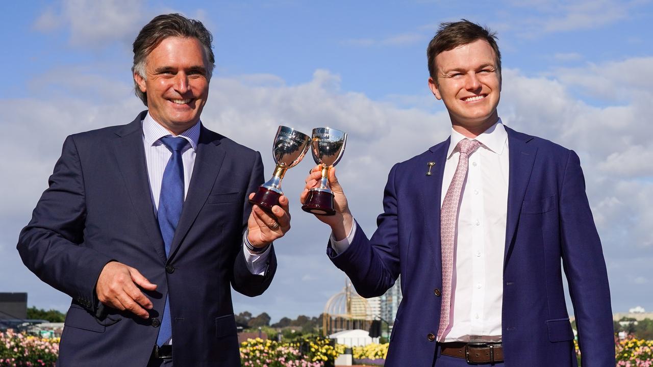 Tom Dabernig (left) and Ben Hayes after the pair won the Group 1 VRC Oaks with Personal last spring. Picture: Racing Photos via Getty Images