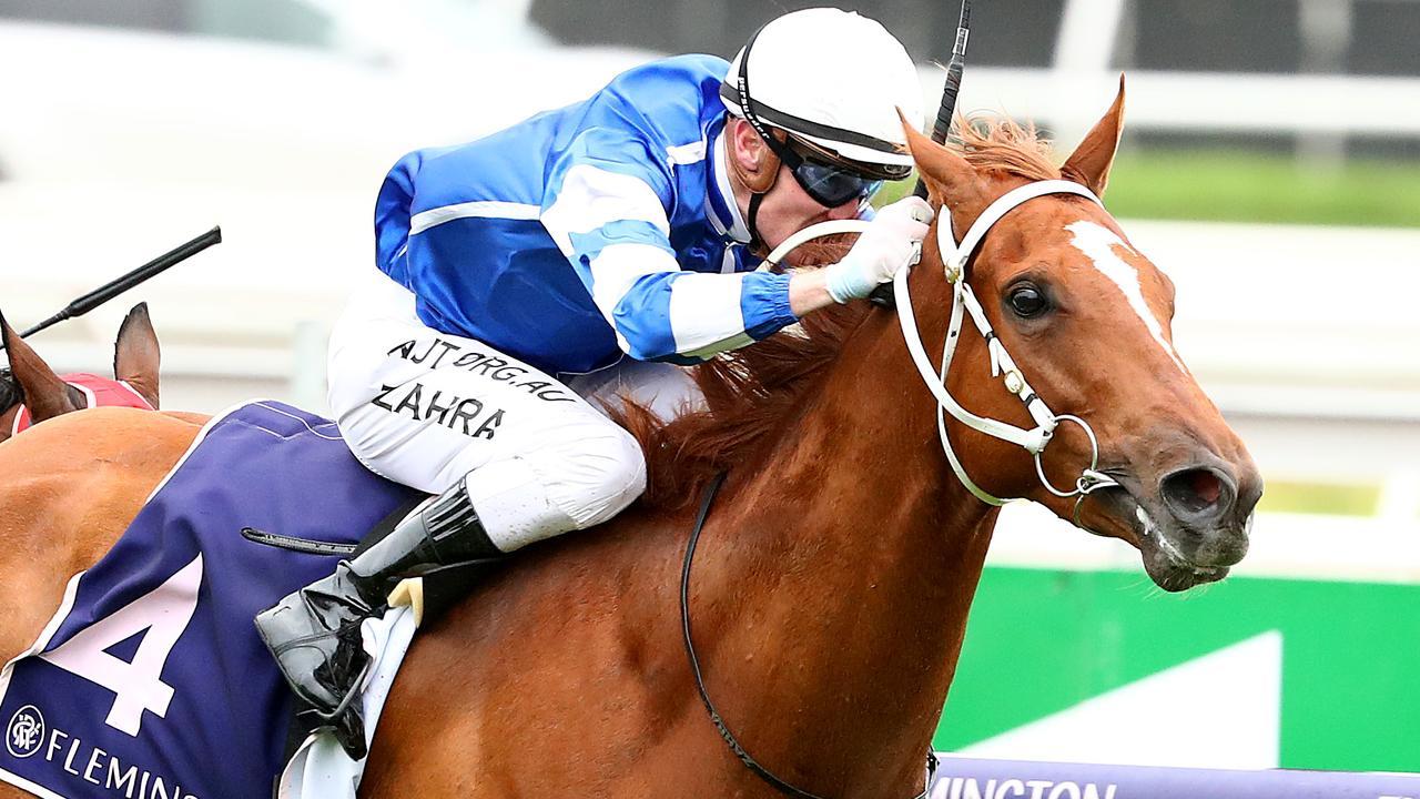 Mark Zahra drives Gytrash home in the 2020 Black Caviar Lightning. He’ll be a notable absentee from the race this year. Picture: Getty Images