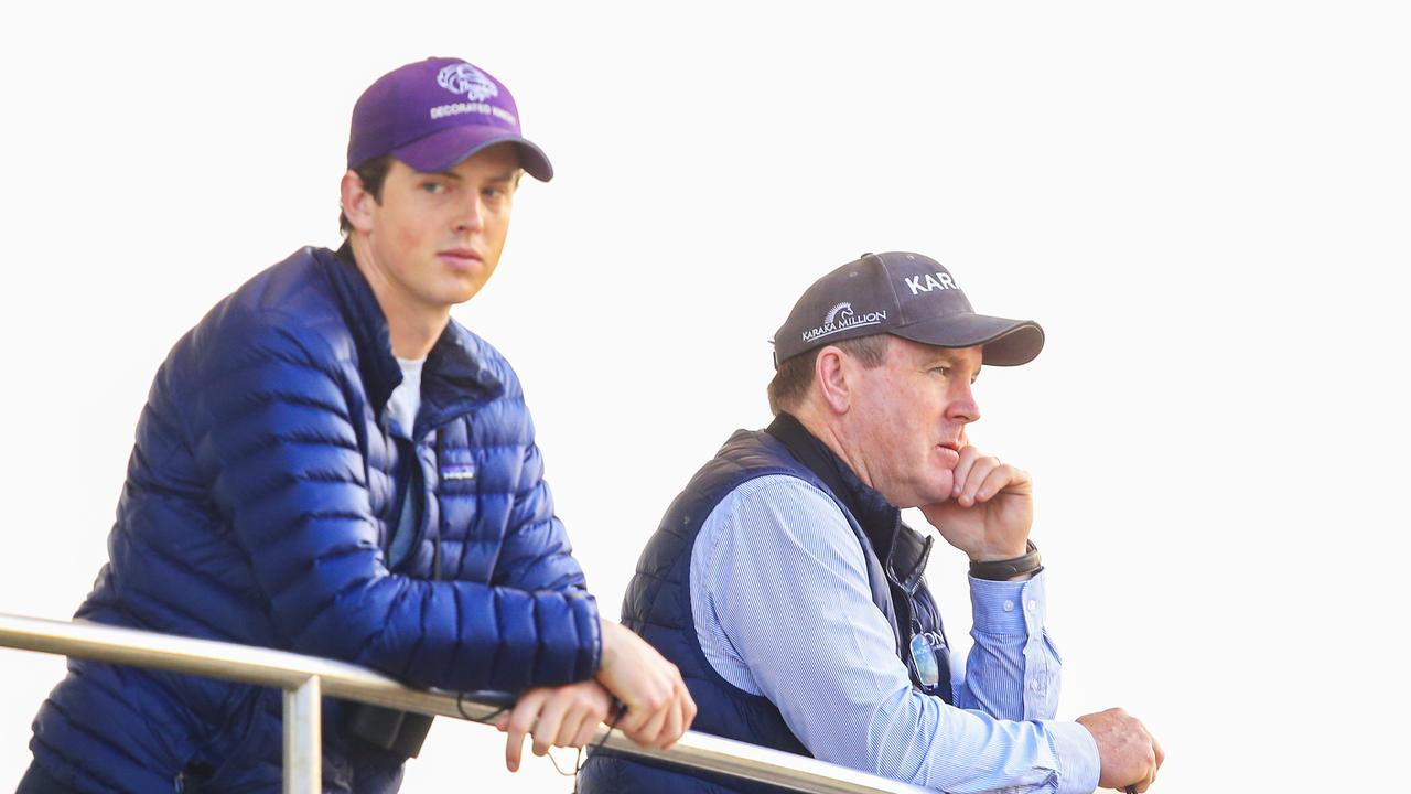 John O’Shea (R) looks on during a Randwick trackwork session. Photo: Mark Evans/Getty Images