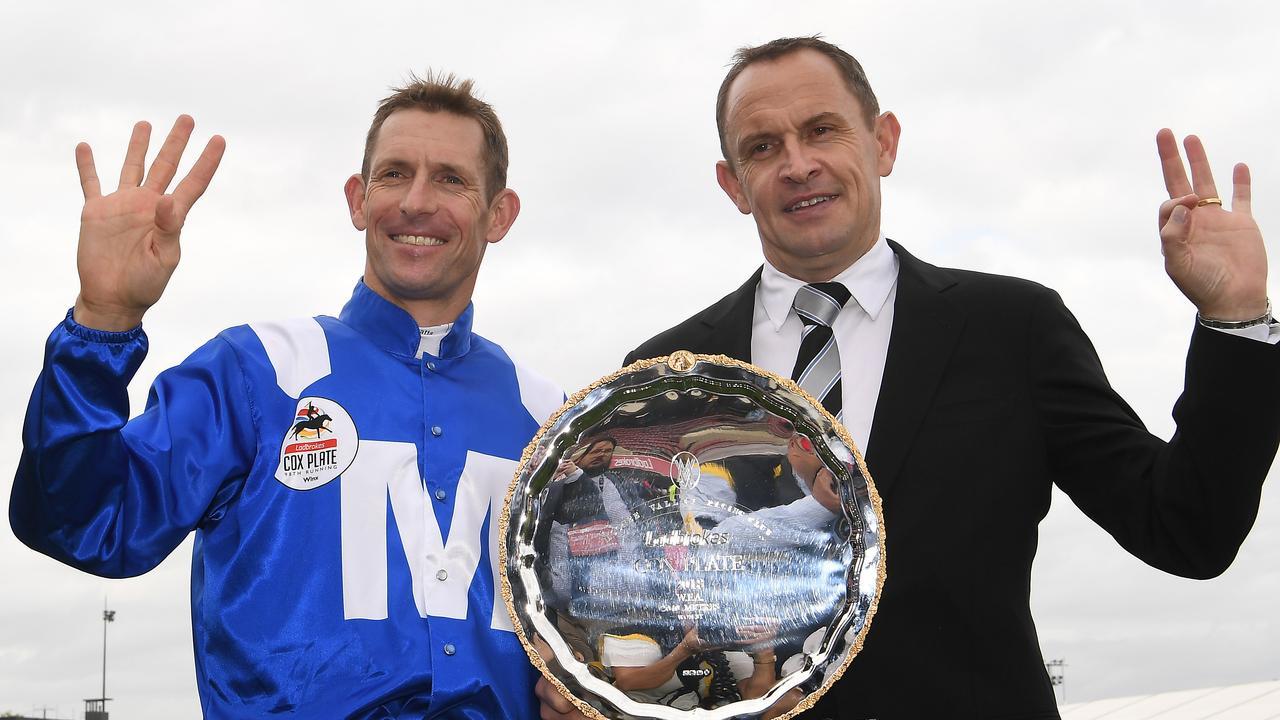 Jockey Hugh Bowman and trainer Chris Waller combined for four Cox Plates with Winx. Picture: AAP