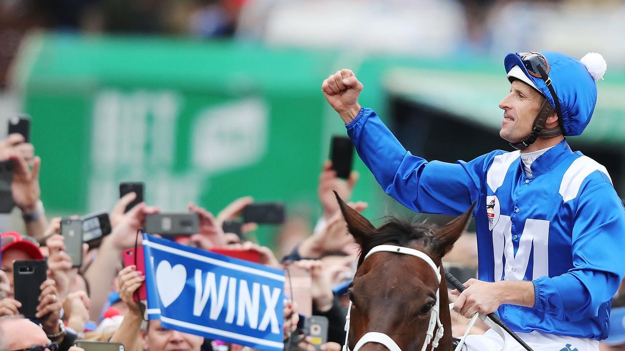 Hugh Bowman won four Cox Plates on Winx but he is set to miss the 2020 Cox Plate through suspension. Picture: Getty Images