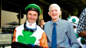 Ron Goltz and Barry Squair after Love You Lucy won at Eagle Farm last December. Picture: Trackside Photography