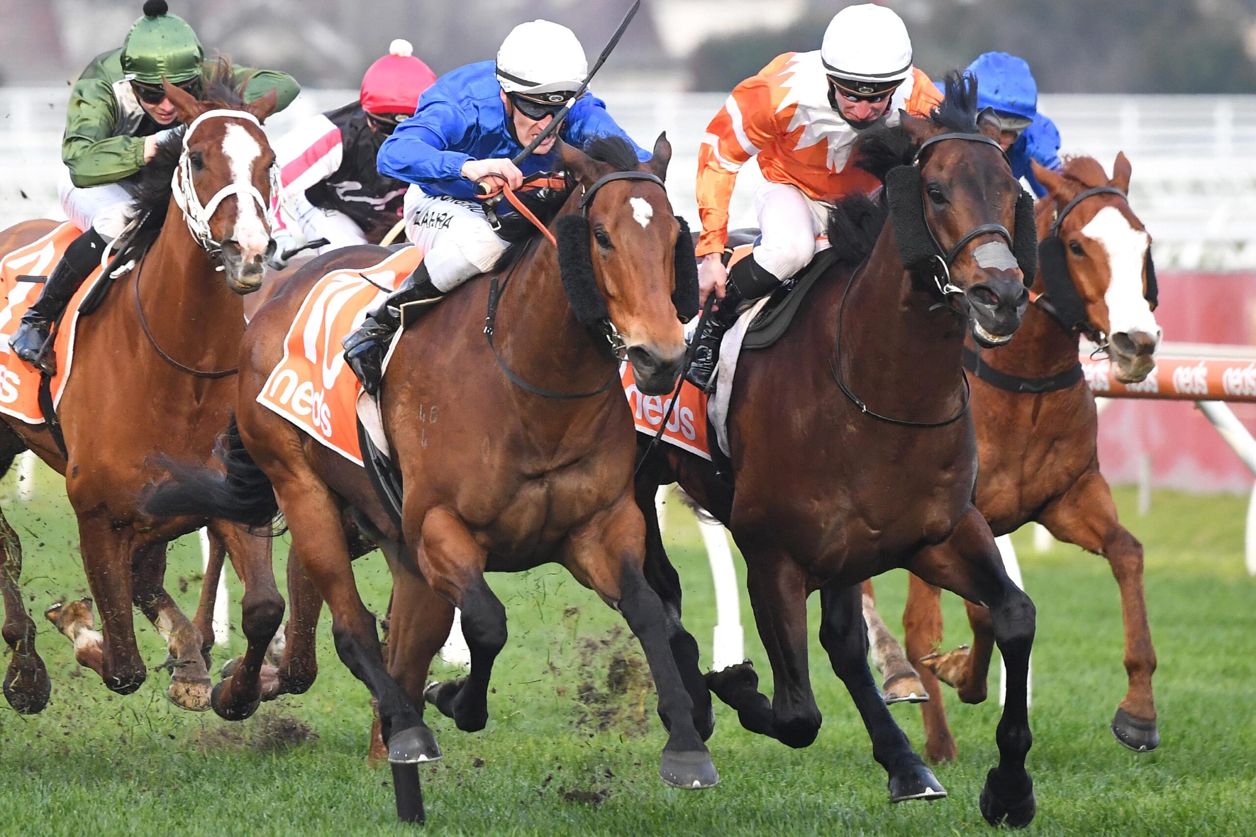 Savatiano (blue silks) and Sircconi (orange silks) fought out Saturday’s Group II PB Lawrence Stakes at Caulfield.