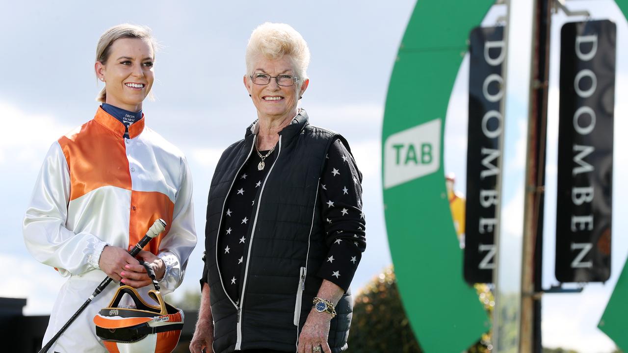 Apprentice Wendy Peel with trailblazing female jockey Pam O’Neill at Doomben Racecourse. Picture: Tara Croser