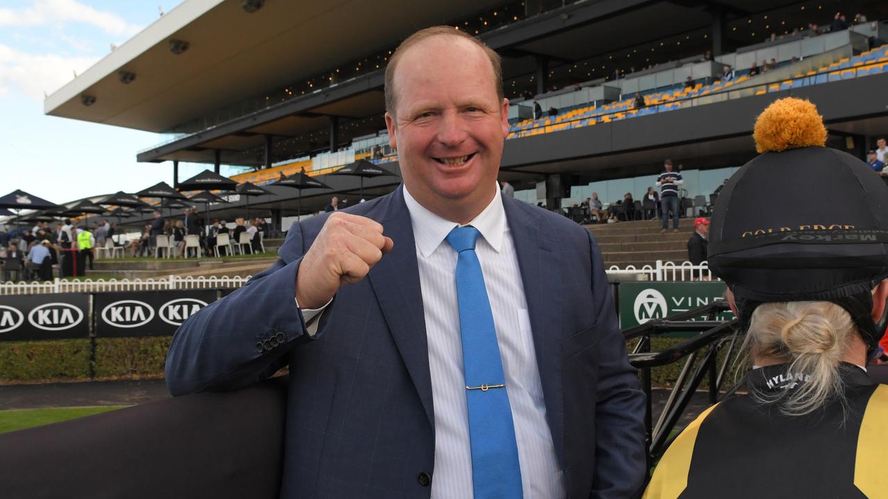 Gary Portelli has put the blinkers on his two-year-old Royalzel. Picture: AAP