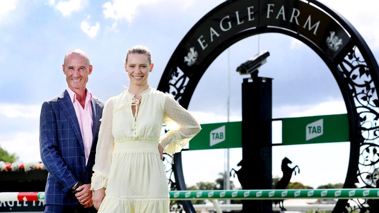 Jockeys Glen Boss and Steph Thornton at Eagle Farm for the launch of the Queensland Winter Carnival. Picture: Tara Croser