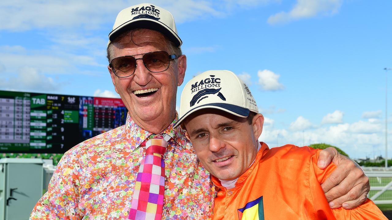 Owner Tom Hedley and jockey Brad Stewart after The Harrovian’s 11th consecutive win. Picture: Grant Peters