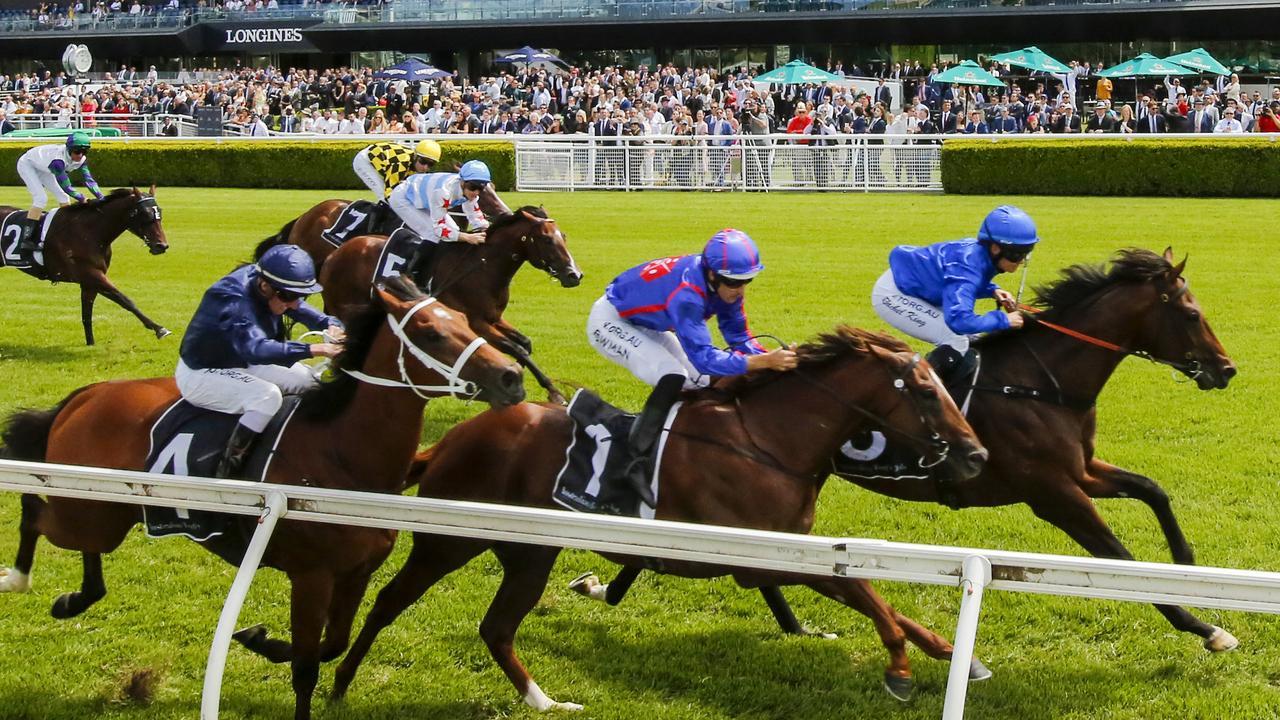 Highly-fancied Profiteer (second from right) and Stay Inside (light blue cap) were beaten in the Todman Stakes won by Anamoe. Picture: Getty Images