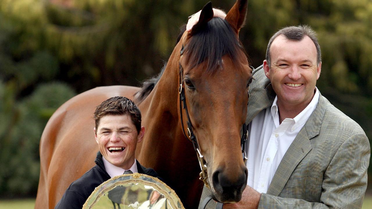 2006 Cox Plate winner Fields of Omagh with jockey Craig Williams (L) and trainer David Hayes. Picture: Kelly Barnes