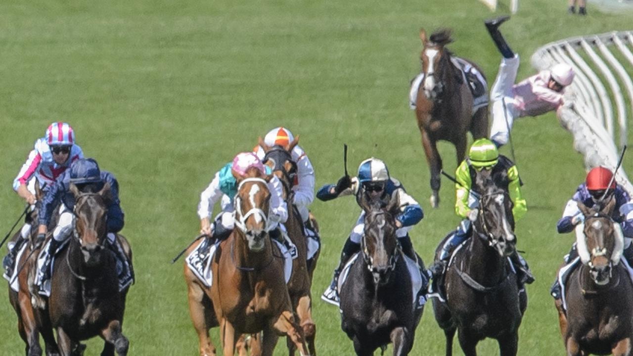 Hugh Bowman jumps off Anthony Van Dyck during the running of the 2020 Melbourne Cup. Picture: Jay Town