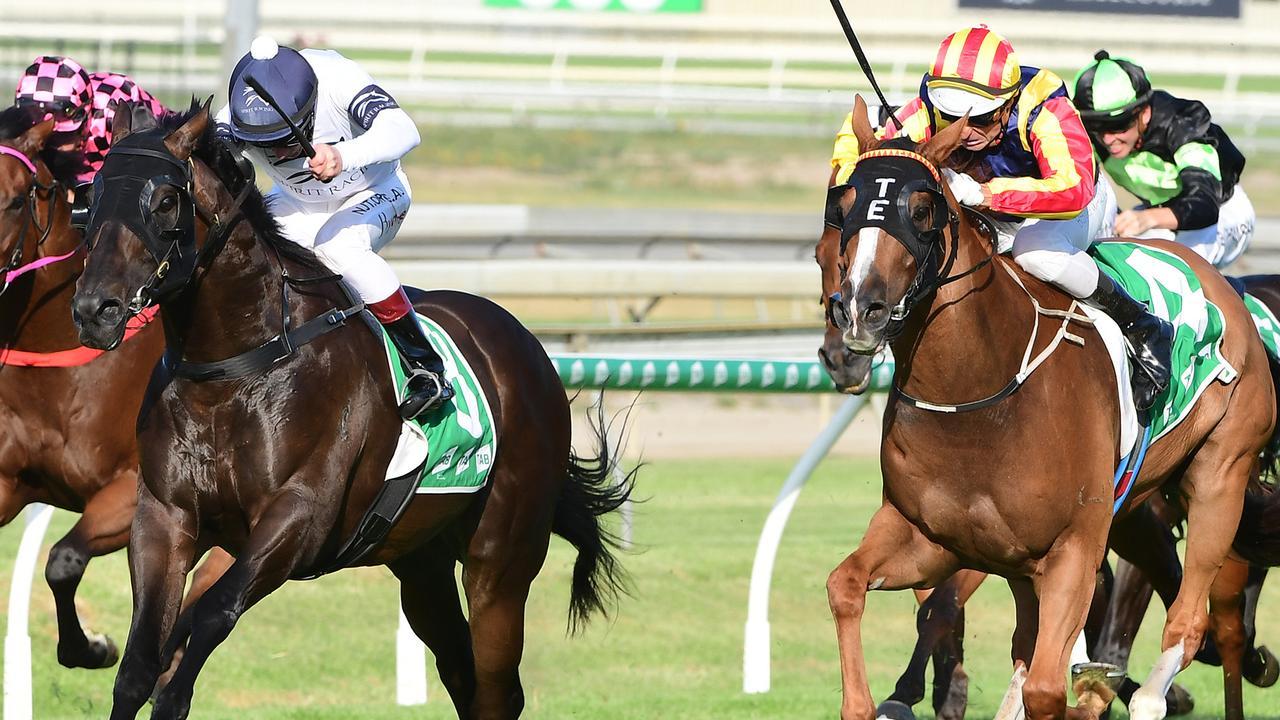 Hard Empire hunts down Jonker in the George Moore Stakes. Picture: Grant Peters/Trackside Photography