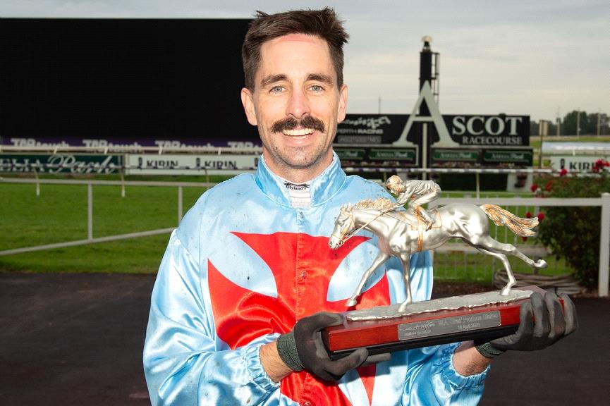 Jockey Shaun McGruddy celebrates after winning the WA Sires’ aboard Watch Me Dance in April.