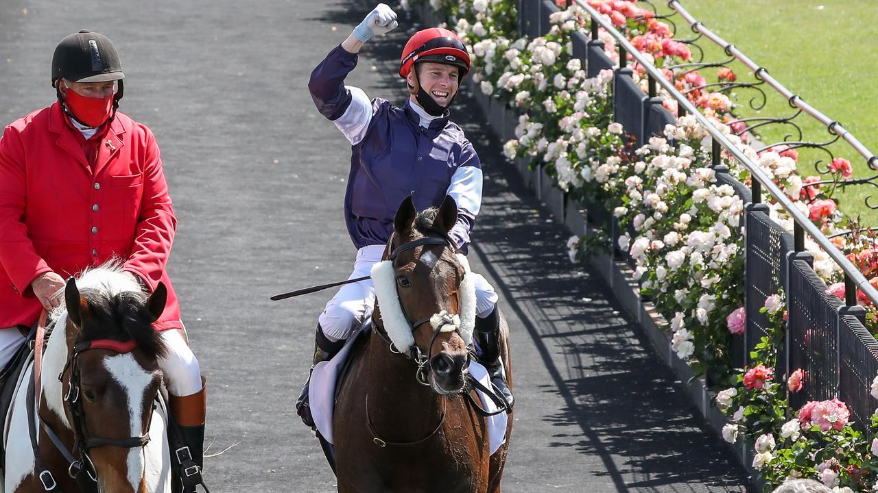 Jye McNeil celebrates his Melbourne Cup triumph in his first attempt in the race. Picture: Racing Photos via Getty Images