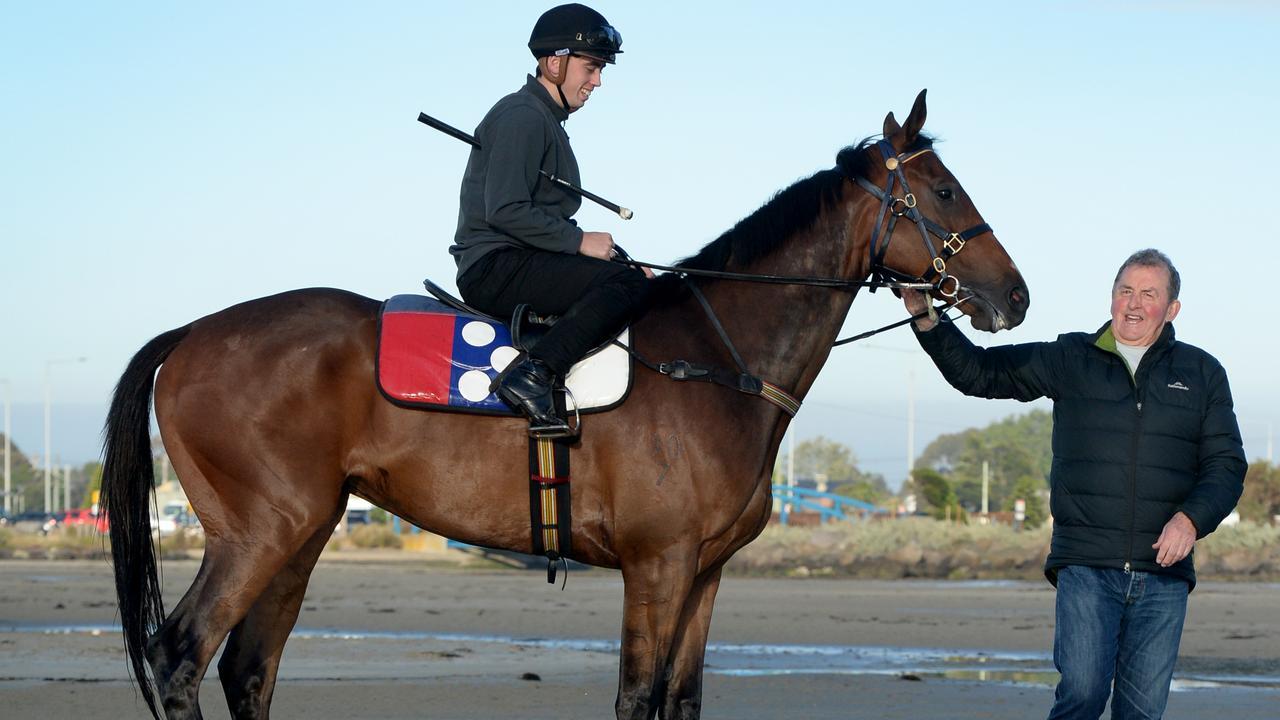 Denis Pagan with Victoria Derby hope Johnny Get Angry and jockey Lachlan King at Altona Beach. Picture: Andrew Henshaw