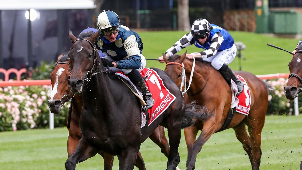 Glen Boss wins the Cox Plate on Sir Dragonet. Picture: Getty Images