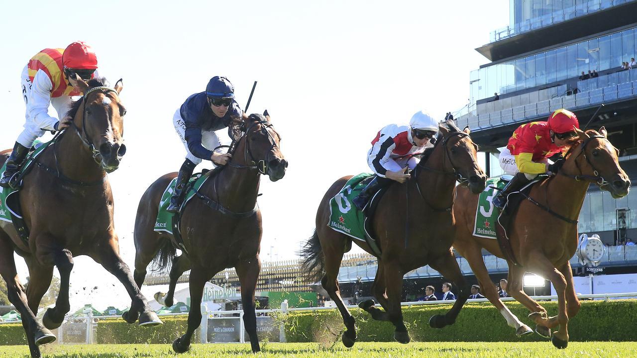 Peltzer (left) winning the Stan Fox Stakes last start ahead of Bondi Stakes rivals Acrophobic (second from right) and Prime Star (right). Picture: Getty Images