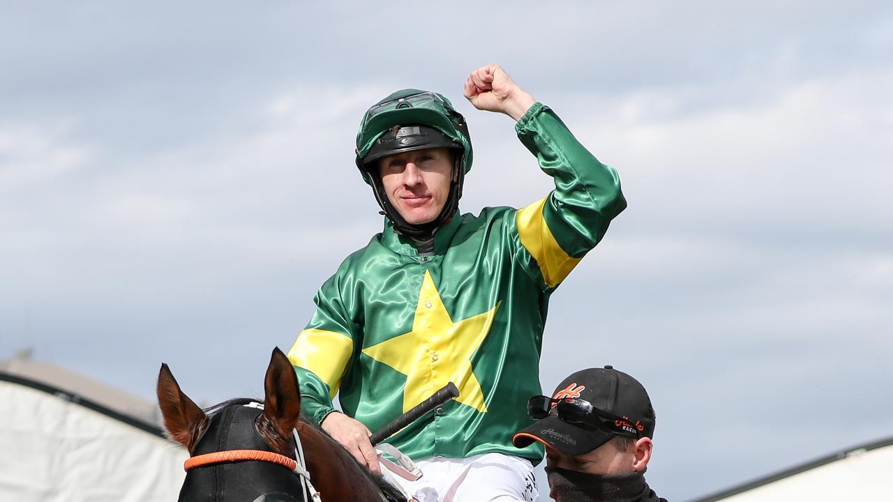 William Pike after winning the Caulfield Guineas on the Hawkes Racing-trained Ole Kirk. Picture: Racing Photos via Getty Images