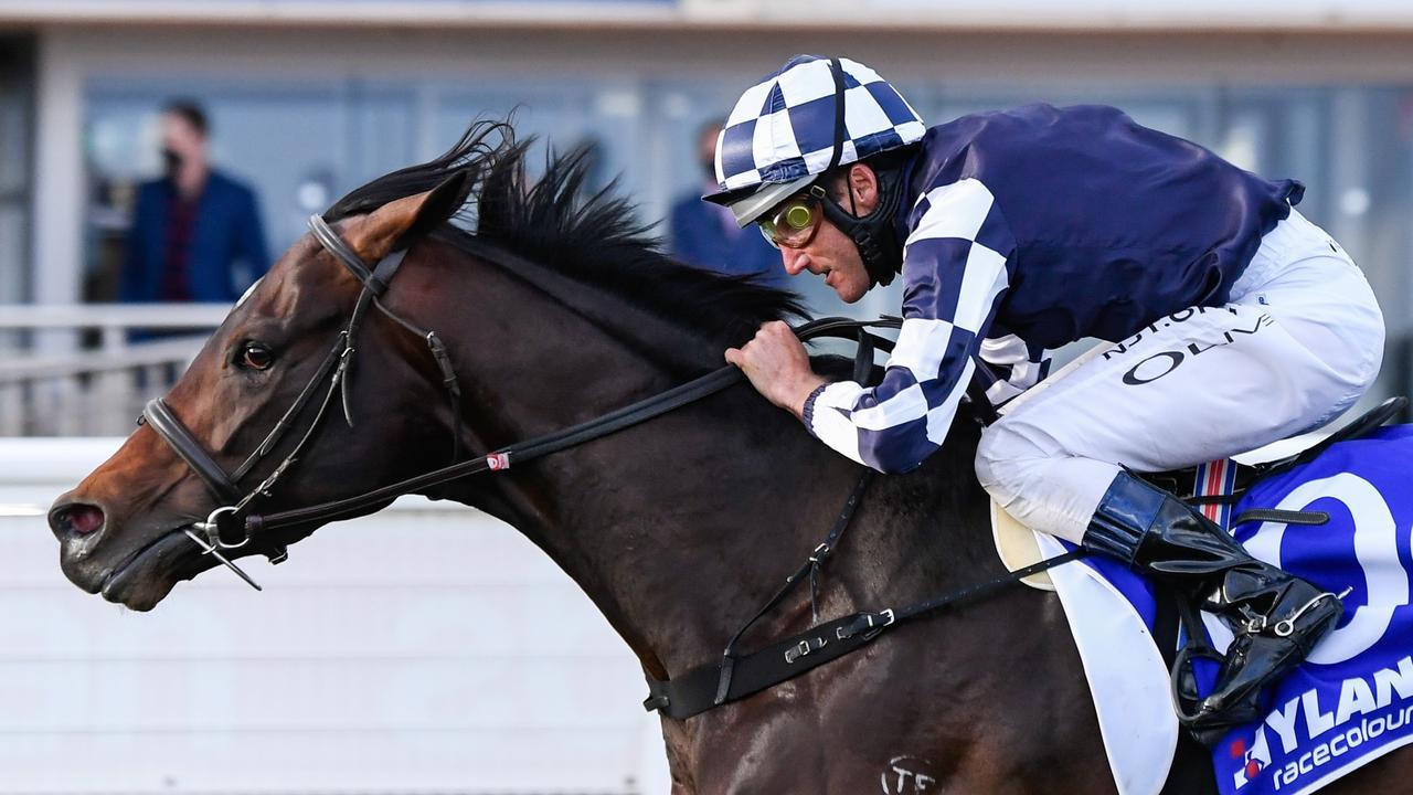 Russian Camelot (IRE) ridden by Damien Oliver wins the Hyland Race Colours Underwood Stakes at Caulfield Racecourse on September 26