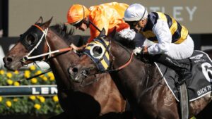 Quick Thinker (outside) wins the Australian Derby at Randwick in April. (Photo: Getty Images)