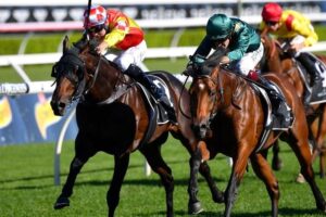 Glenfiddich (left) doing battle with King’s Legacy in the 2020 Champagne Stakes.