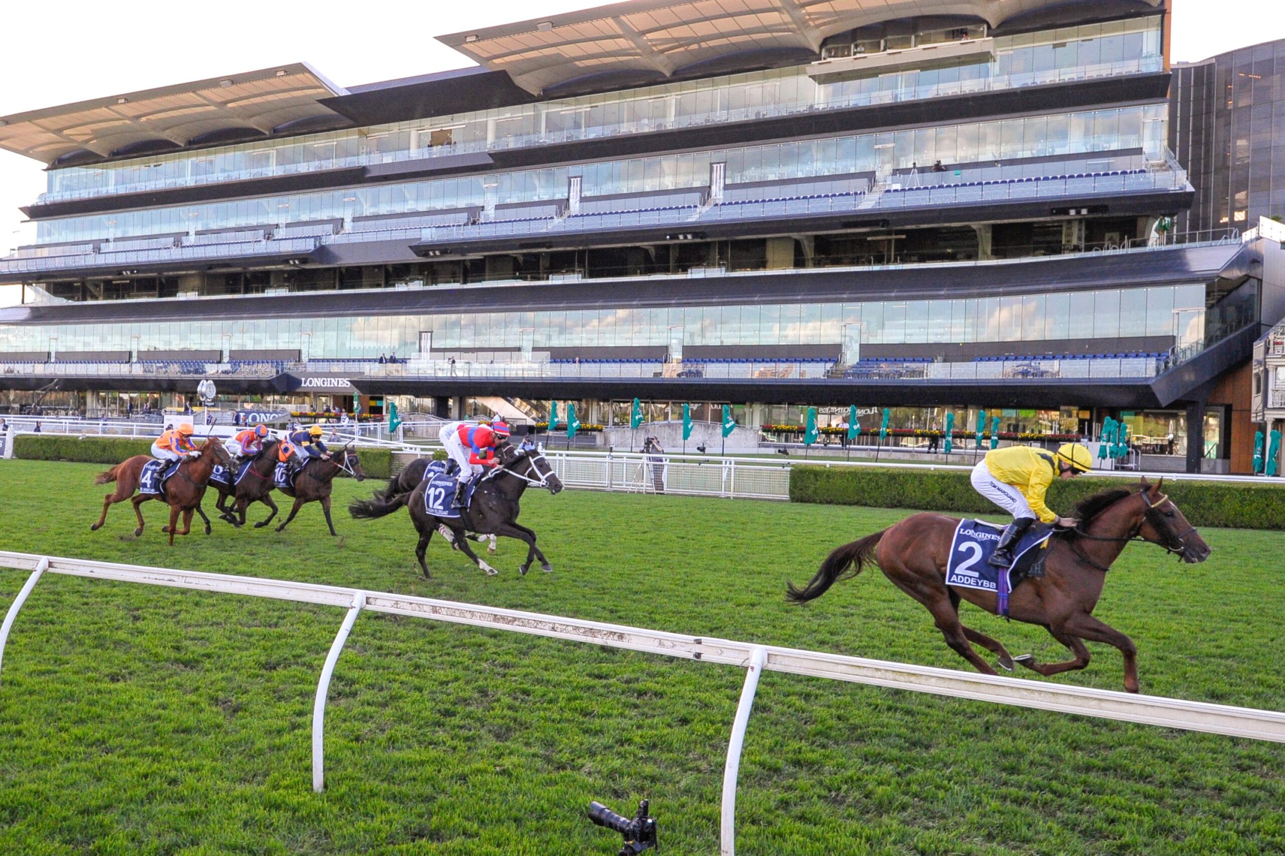 Addeybb clears out with the Queen Elizabeth in front of an empty grandstand.