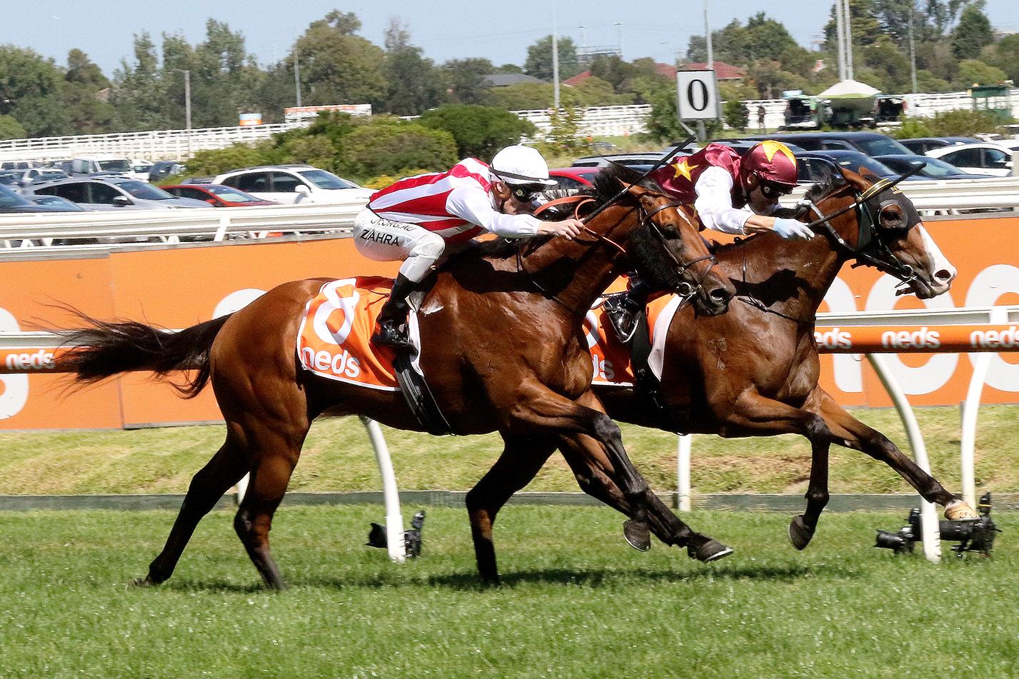 Streets Of Avalon (inside) held on to win the Futurity Stakes at Caulfield.