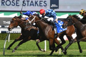 Funstar (middle) prevails in a thrilling edition of the Tea Rose Stakes on Saturday.