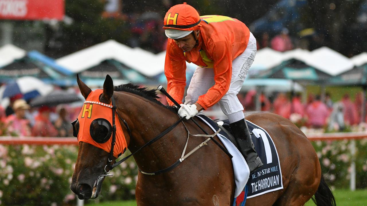 MELBOURNE, AUSTRALIA - MARCH 13: Brad Stewart riding The Harrovian to the start of Race 8, the All-star Mile, during Melbourne Racing All-Star Mile Day at Moonee Valley Racecourse on March 13, 2021 in Melbourne, Australia. (Photo by Vince Caligiuri/Getty Images)