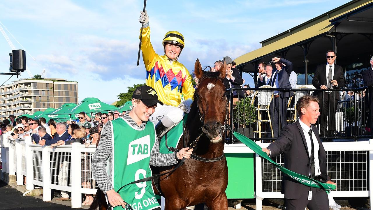 Jamie Kah stunned the Eagle Farm crowd with her winning ride aboard Vega One in the Kingsford-Smith Cup. Picture: Grant Peters/Trackside Photography