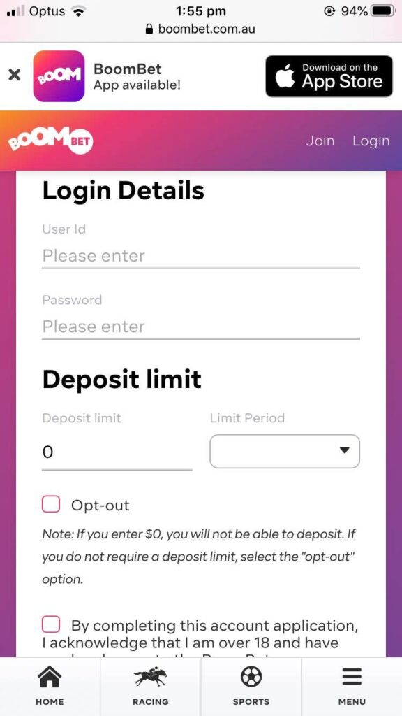 Boombet sign-up interface on mobile