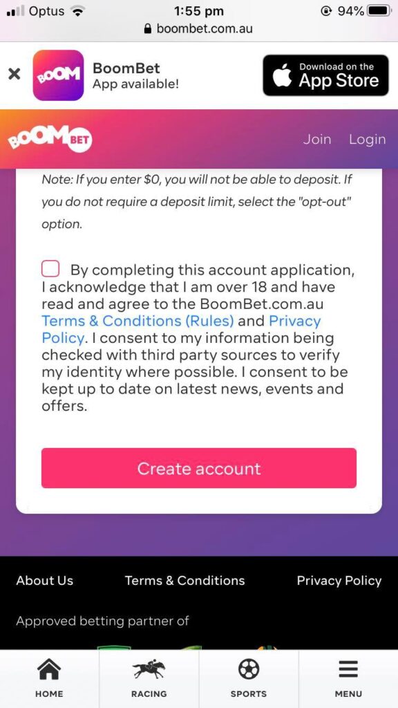 Final Step Sign Up at Boombet