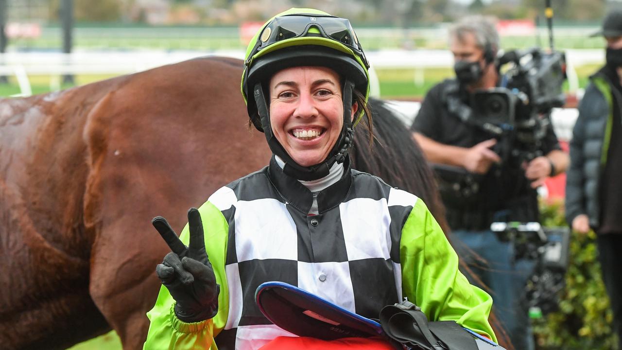 Carleen Hefel after winning on Sir Kalahad at Sandown on Saturday. Picture: Brett Holburt–Racing Photos via Getty Images