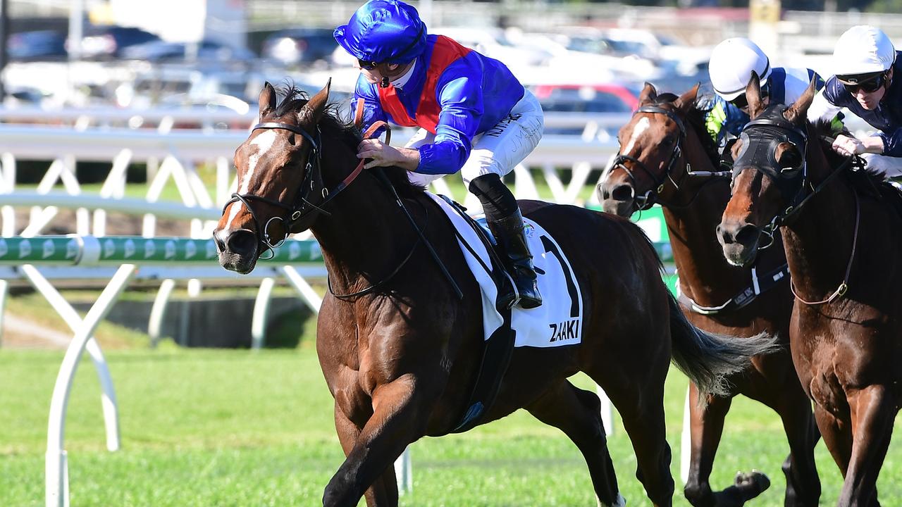 Zaaki, ridden by James McDonald, wins The Q22 at Eagle Farm. Picture: Grant Peters/ Trackside Photography.