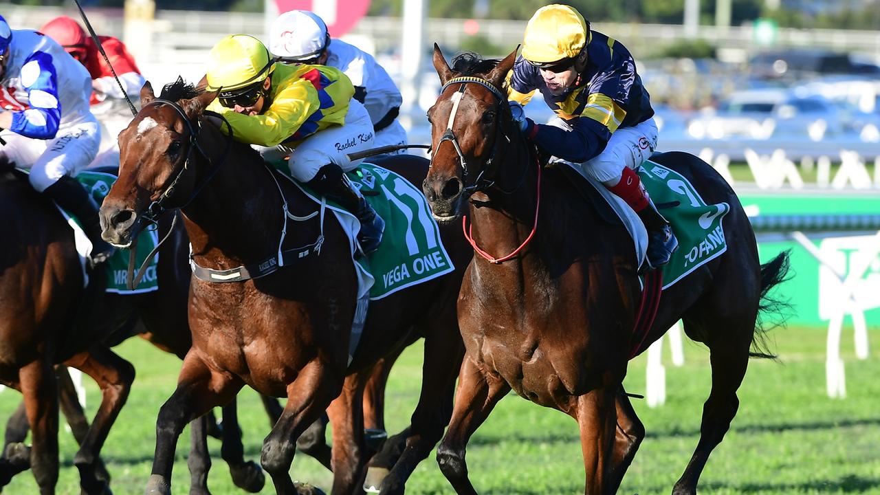 Stradbroke winner and leading Tatt’s Tiara contender Tofane (outside). Picture: Grant Peters/Trackside Photography.