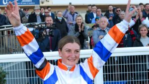 Jamie Kah celebrates after her record-breaking 100th winner of the season. Picture: Getty Images