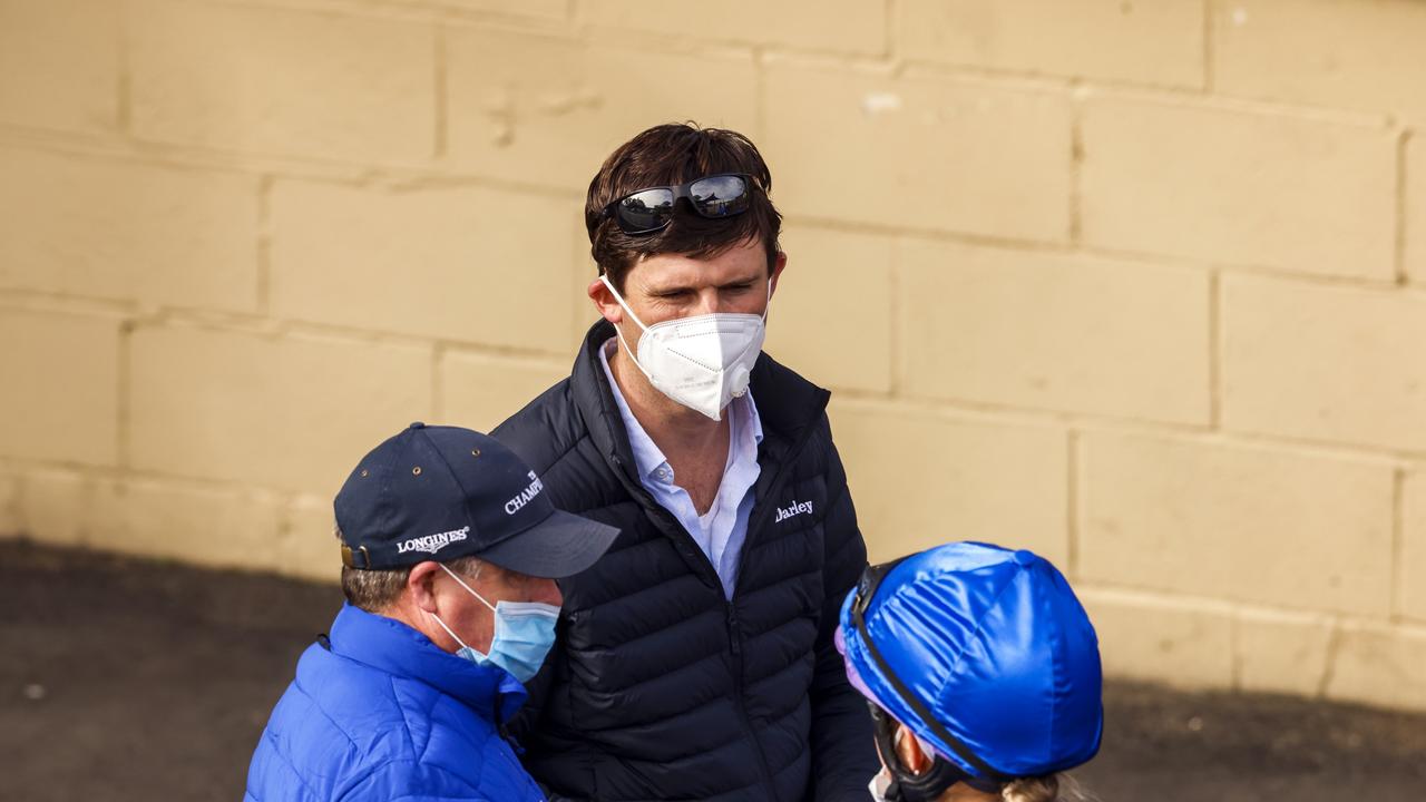 James Cummings looks on as Darren Beadman records jockey Rachel King during the barrier trials at Hawkesbury. Picture: Mark Evans–Getty Images