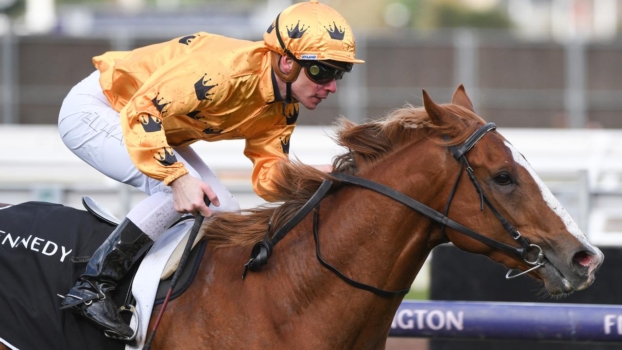 Jockey Ben Melham rated Royalzel a Caulfield Guineas hope after the colt’s outstanding win at Flemington earlier this month. Picture : Getty Images.