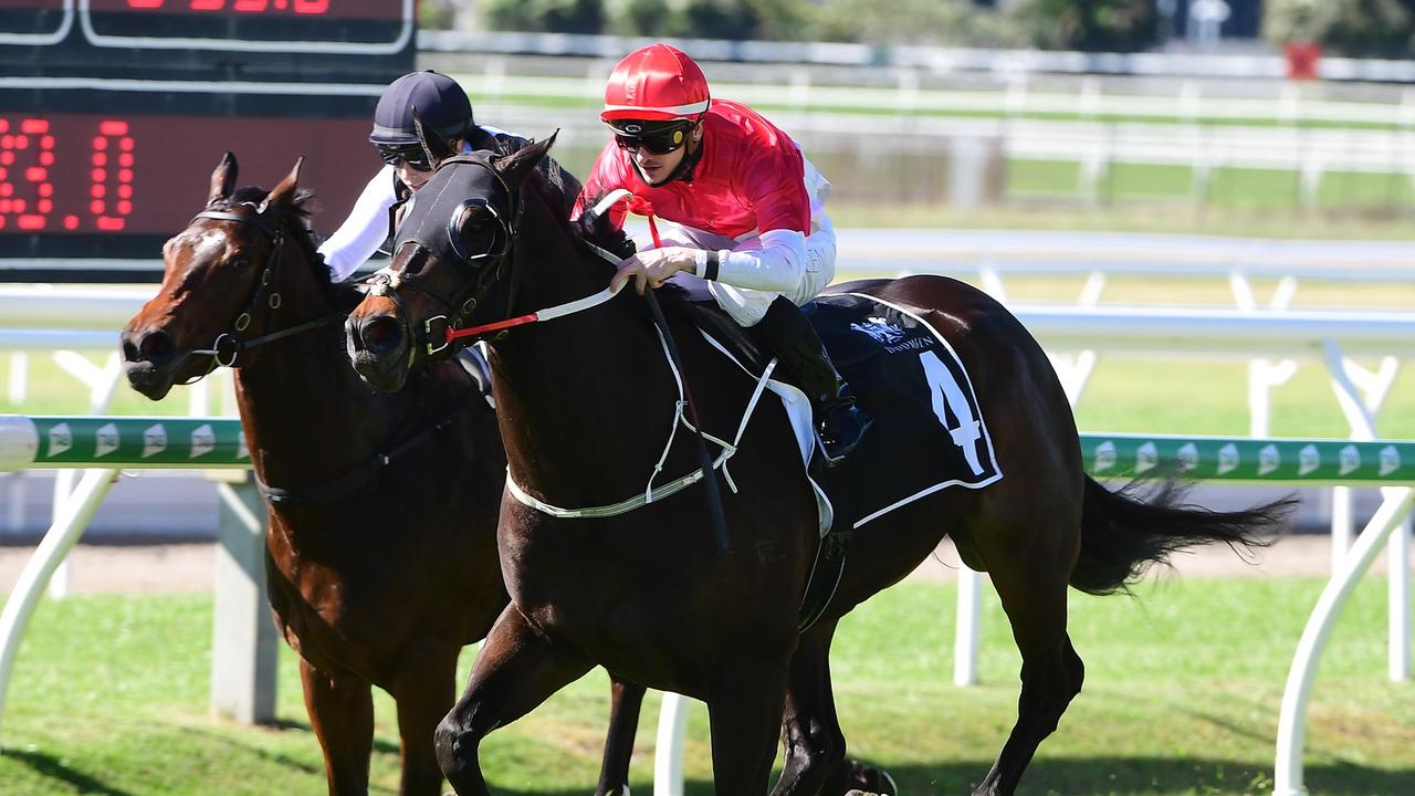 Eloquently impressively wins the Mt Franklin Handicap at Doomben ridden by jockey Anthony Allen. Picture: Trackside Photography