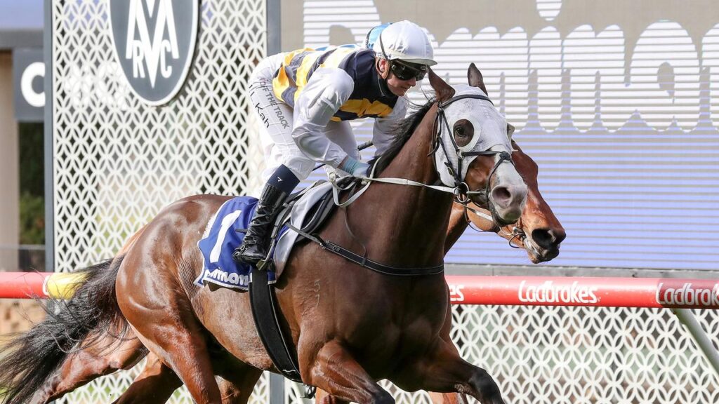 I'm Thunderstruck (NZ) ridden by Jamie Kah wins the Dominant Cleaning Solutions Handicap at Moonee Valley Racecourse on July 31, 2021 in Moonee Ponds, Australia. (George Salpigtidis/Racing Photos via Getty Images)