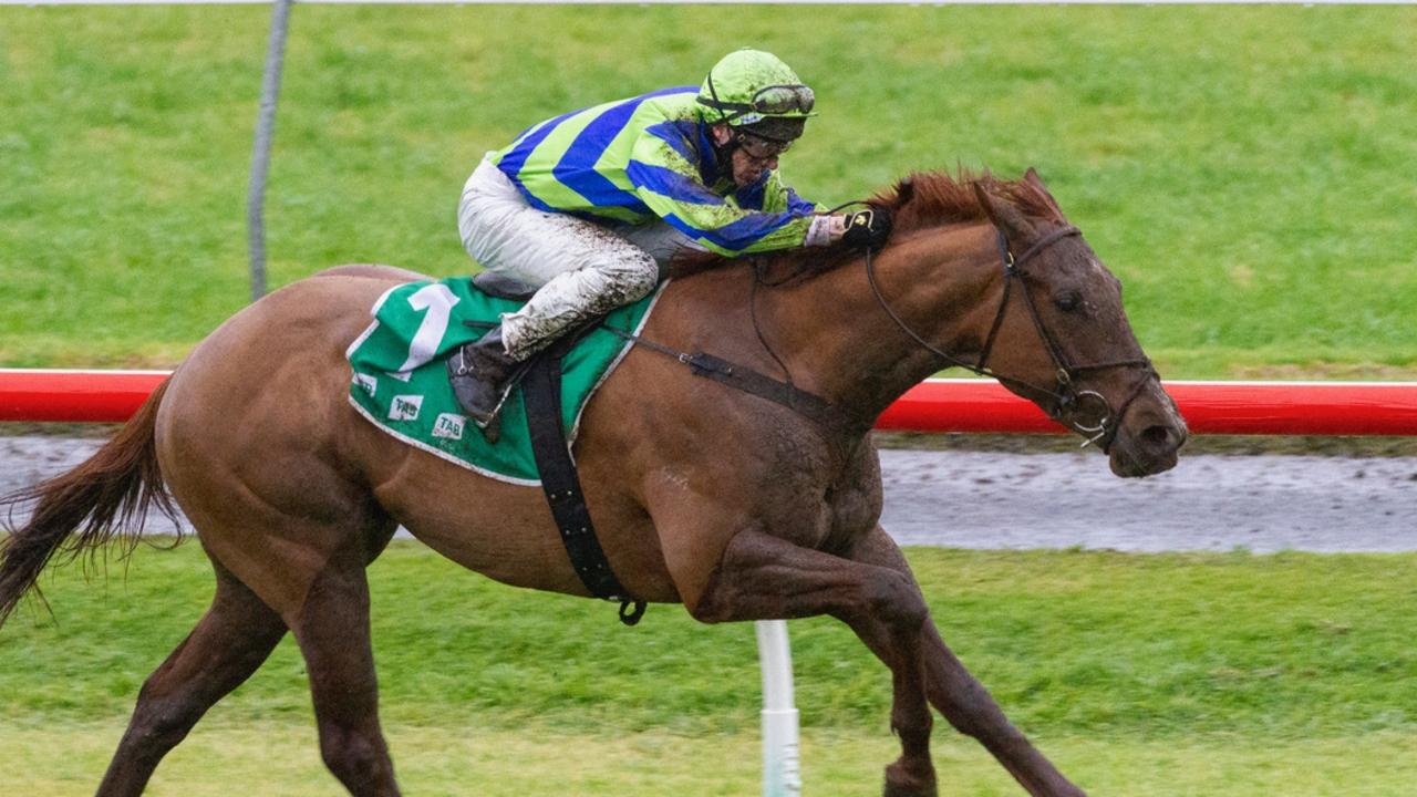 Todd Pannell wins on Beau Rossa at Morphettville, which gave him the SA metro jockeys’ premiership. Picture: Atkins Photography