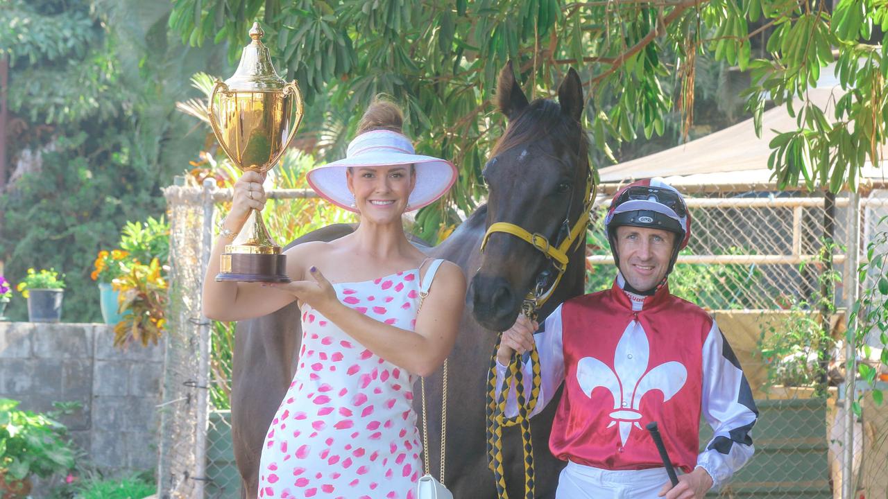 Darwin Cup ambassador Hannah West, Jockey Jason Lyon and I Am The Fox ahead of Monday’s Darwin Cup. Picture: Glenn Campbell