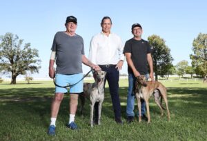 Pictured at Hawkesbury Race Club in Clarendon in Sydney is Frank Hurst MDC winner 2019 and his Greyhound Good Odds Harada, Tony Mestrov CEO Greyhound Racing NSW and Peter Lagogiane MDC winner 2018/2020 with his 2020 Greyhound Handsome Prince.Picture: Richard Dobson