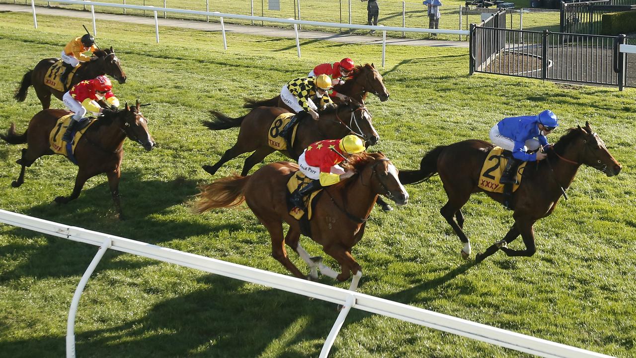 Stay Inside (red and yellow sleeves, red cap) finishing fifth behind Anamoe in last Saturday’s Run To The Rose. Photo: Mark Evans/Getty Images.