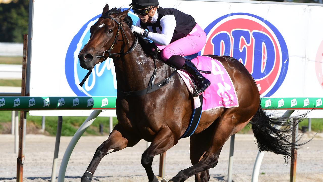 Miami Fleiss powers to victory under jockey Stephanie Thornton at the Gold Coast. Picture: Grant Peters-Trackside Photography