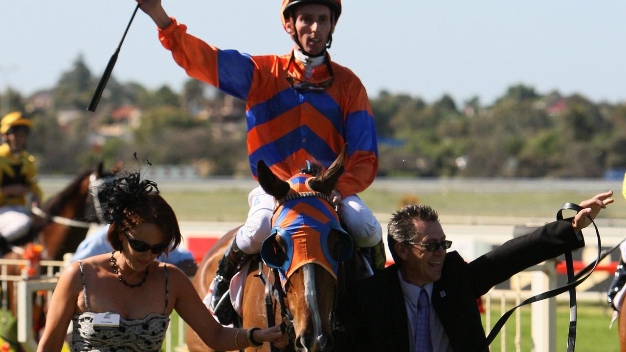 Sniper's Bullet, ridden by Nash Rawiller being led in by trainer Tracey Bartley after winning the 2009 Railway Stakes at Ascot. Perth Racing.